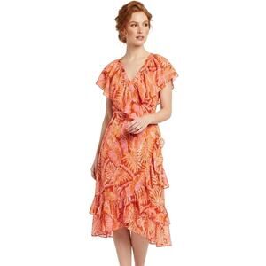 Gibson Latimer Wrap Midi Dress Summer Tropical Ruffled Lightweight Large